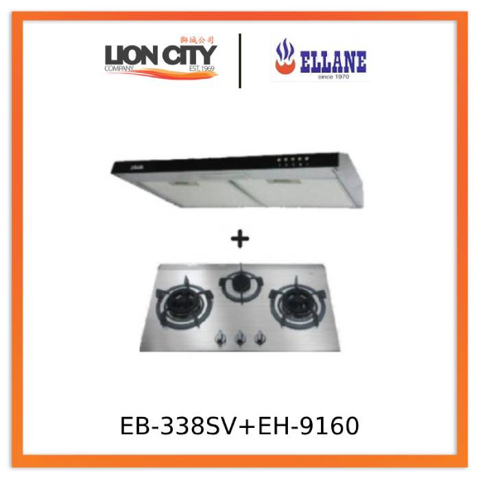 Ellane 60cm/90cm Slimline Range Hood with Black Panel EH 9160 & EB 338SV 76cm 3 Burner Gas Cooktop - Modern Kitchen Ventilation for Home Cooking and Smoke Extraction