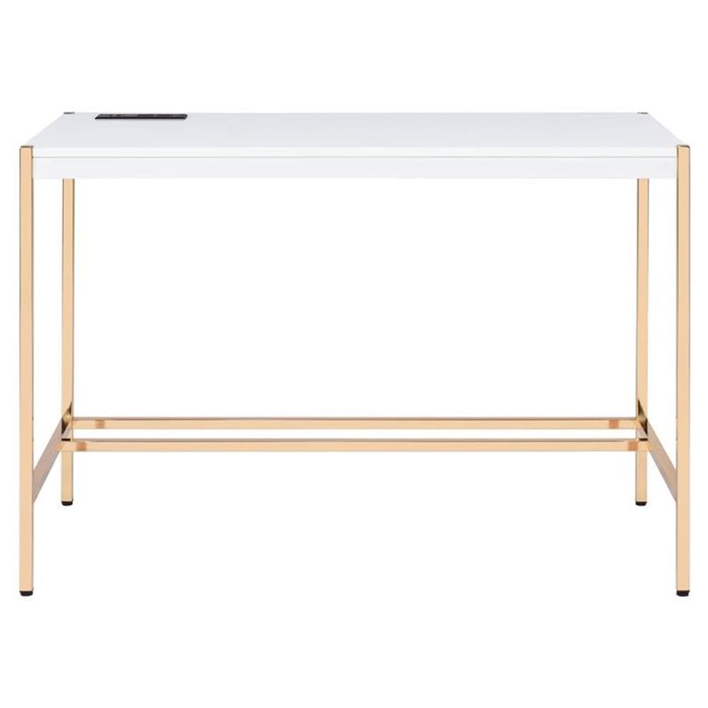 Acme Midriaks White and Gold Wooden Writing Desk with USB Port - Perfect for Home Office, Study Room & Small Spaces