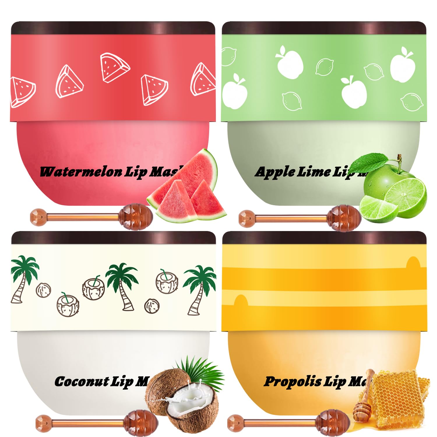 4 PCS Bee Lip Balm Honey Pot Set - Honey, Watermelon, Apple & Coconut Flavored Lip Balm for Overnight Hydration & Dry Lips Care | Includes Lip Scrub Sticks for Exfoliation | Perfect for Nighttime Lip Treatment, Travel & Daily Moisturizing