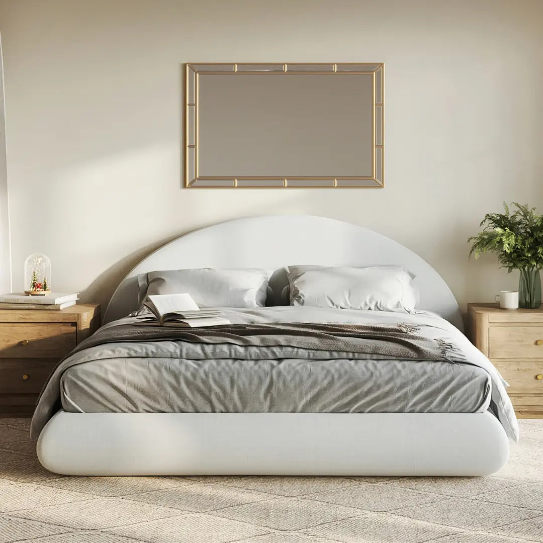 Luna Queen Size Bed Frame with Upholstered Headboard - Modern White Platform Bed for Bedroom, Guest Room & Dorm | Easy Assembly & Sturdy Support