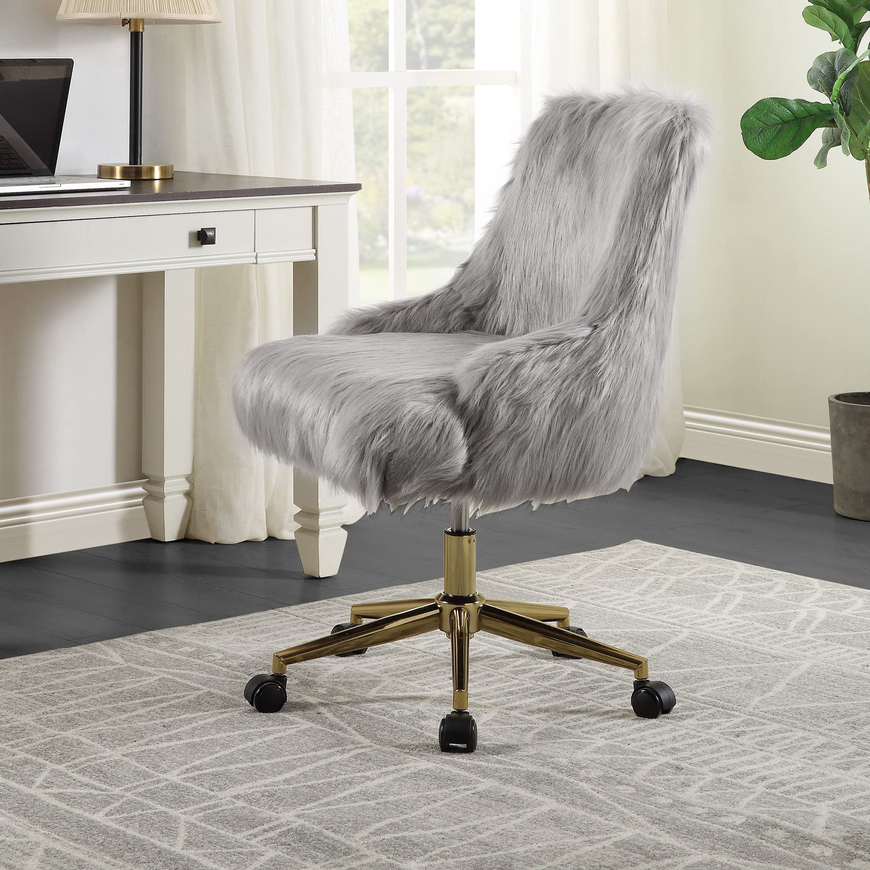 SSLine Faux Fur Vanity Chair - Elegant Grey Fluffy Makeup Stool with Wheels for Women & Girls, Modern Comfy Bedroom & Living Room Armchair (Grey & Gold) - Perfect for Dressing Tables, Beauty Stations, Home Offices and Cozy Reading Nooks
