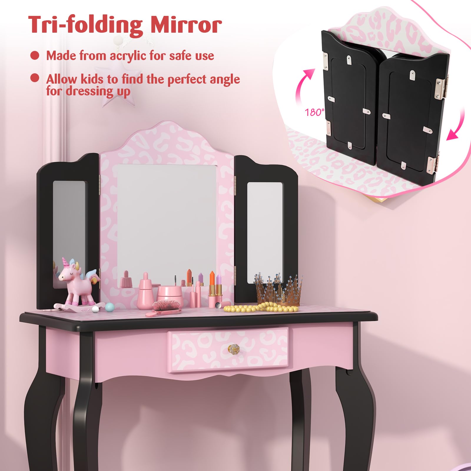 Costzon Kids Vanity Set with Mirror & Stool - Pink Leopard Print Makeup Dressing Table with Drawer for Girls, Pretend Play Toy for Birthday Gift & Room Decor | Perfect for Dress-Up Games, Tea Parties & Imaginative Play