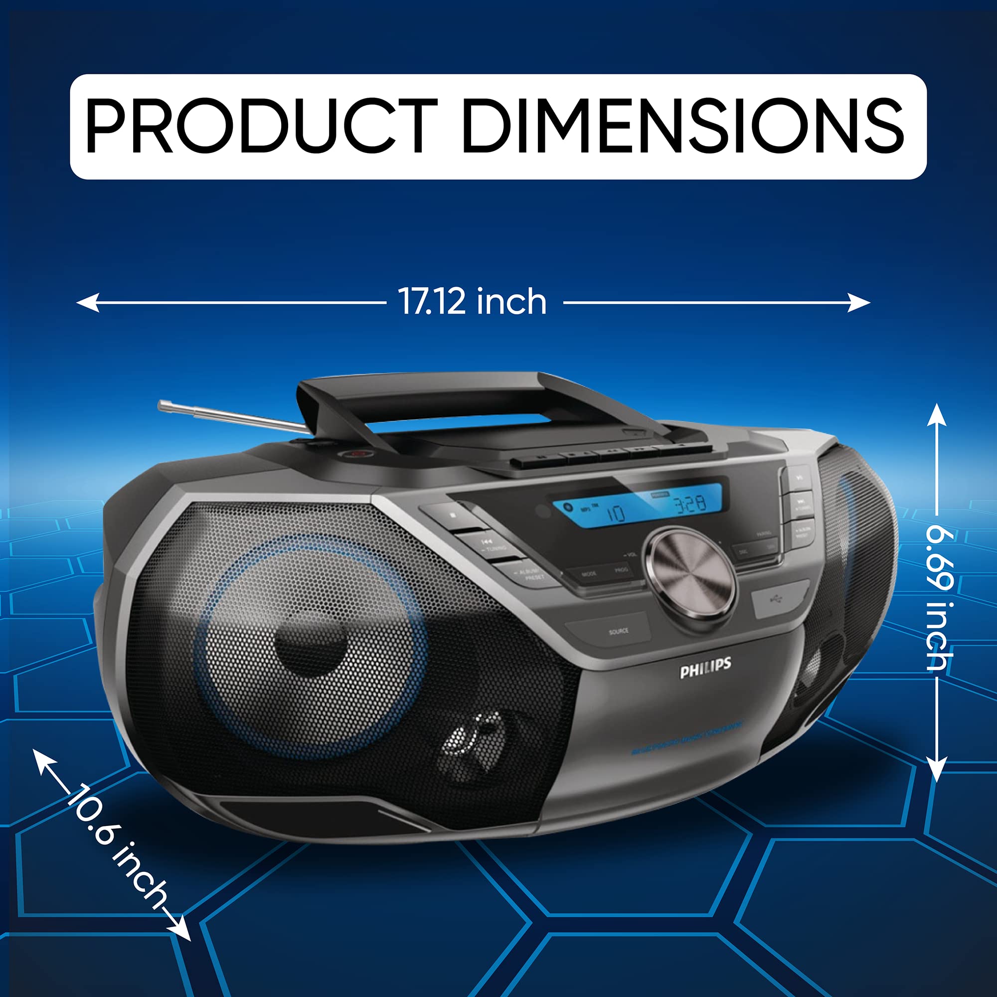 **Philips Portable CD Player Boombox with Bluetooth, Cassette Player, Mega Bass & FM Radio - USB/MP3/AUX Input, LCD Display - Perfect for Home, Parties & Outdoor Use**