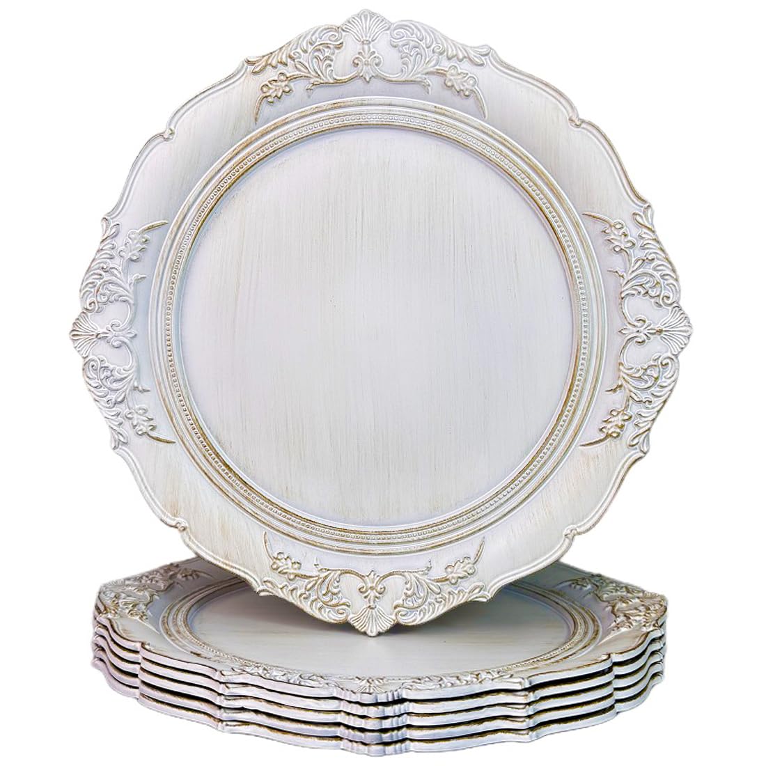 Antique White 13 Inch Embossed Plastic Charger Plates - Elegant Dinner Plate Chargers for Weddings, Parties & Formal Dining (Set of 6) | Perfect for Table Settings, Buffet Displays & Special Occasions
