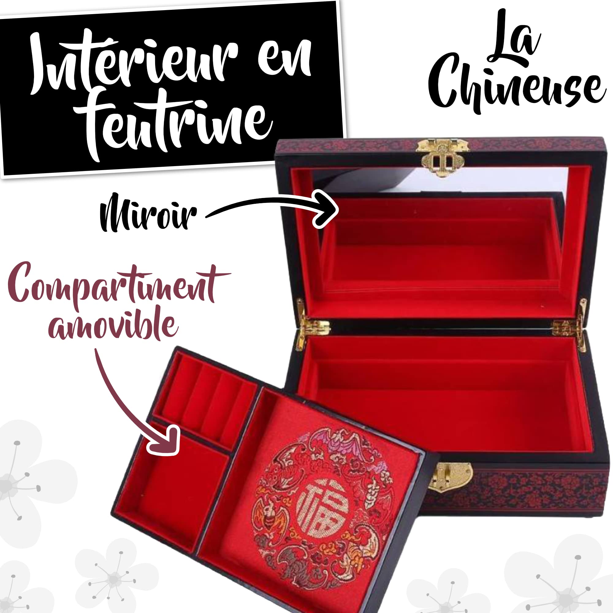 Lacquered Jewelry Box with Cherry Blossom Design - Elegant Black and Red Finish for Women's Accessories Storage | Perfect for Gift Giving, Home Decor, and Organizing Rings, Necklaces & Earrings
