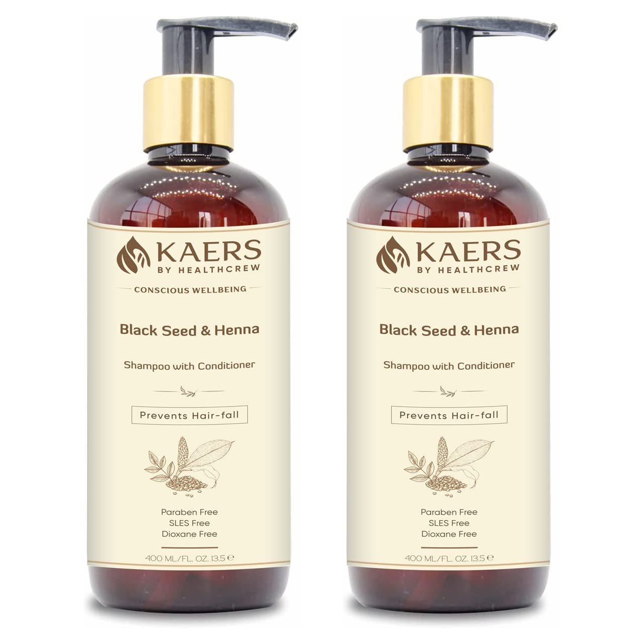 Kaers by Healthcrew Herbal Shampoo with Black Seed & Henna - 2 in 1 Shampoo and Conditioner - Paraben Free & Dioxane Free - For All Hair Types - Promotes Smooth, Soft & Shiny Hair - 400ml (Pack of 2) - Perfect for Daily Hair Care & Salon-Quality Results at Home