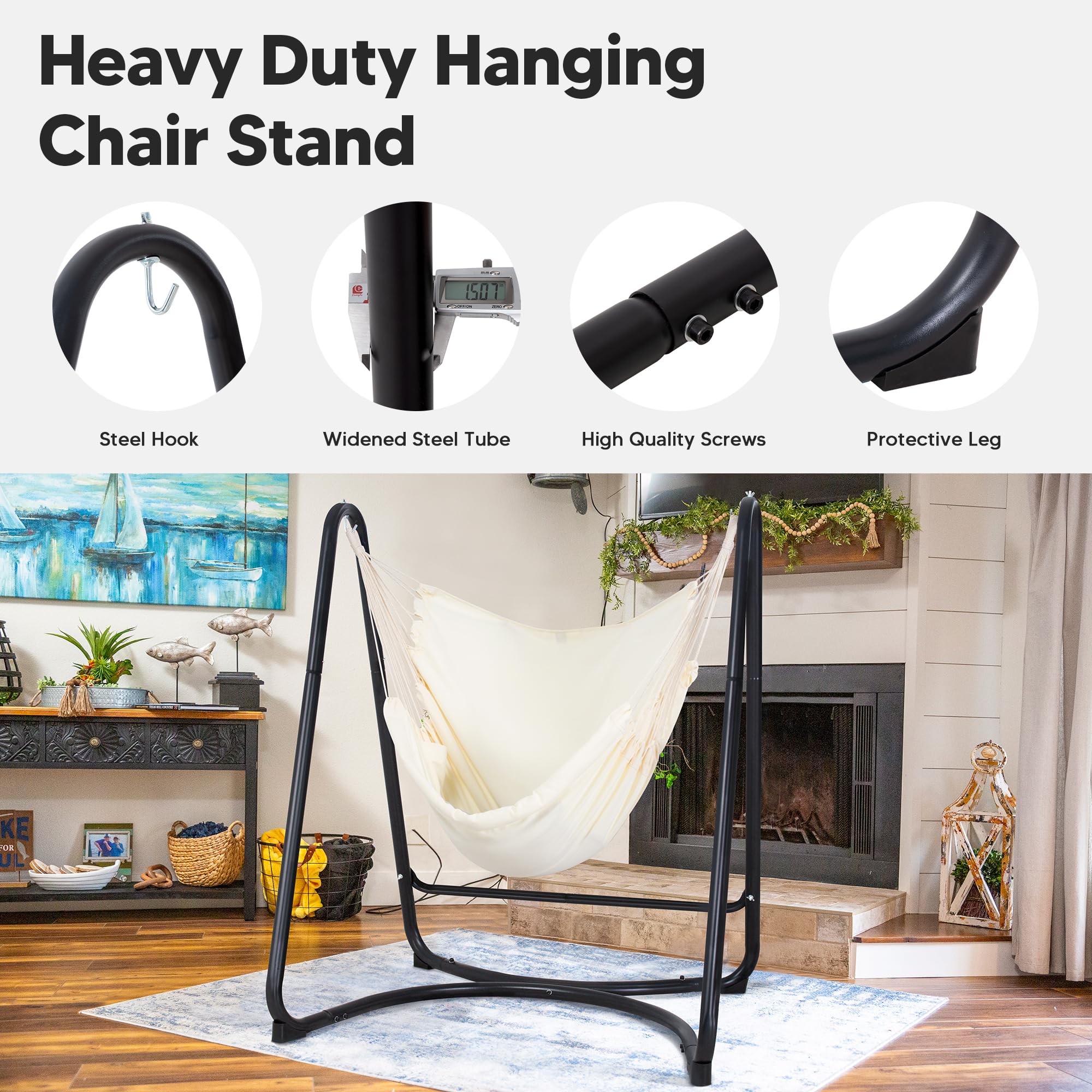 SUNCREAT Indoor/Outdoor Hammock Swing Chair with Stand - 330 lbs Weight Capacity, Beige - Perfect for Living Room, Bedroom, Patio & Garden Relaxation