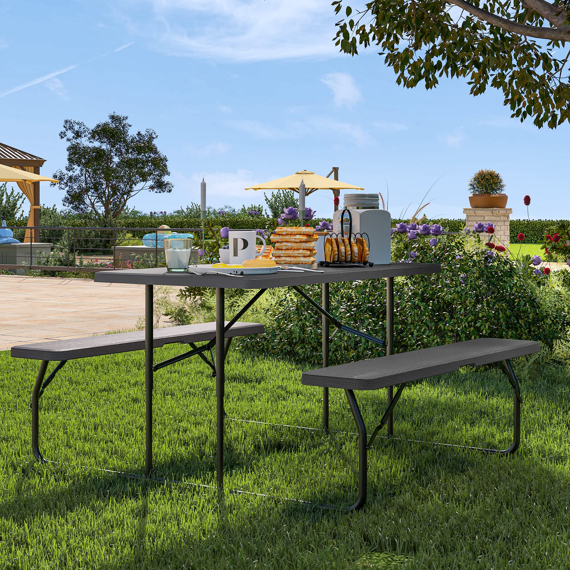 YITAHOME Folding Picnic Table with Benches - Easy Assembly Steel Frame & Wood-Like Tabletop, All-Weather Outdoor Dining Set for Yard, Patio, Lawn, Camping, BBQ Party - Black