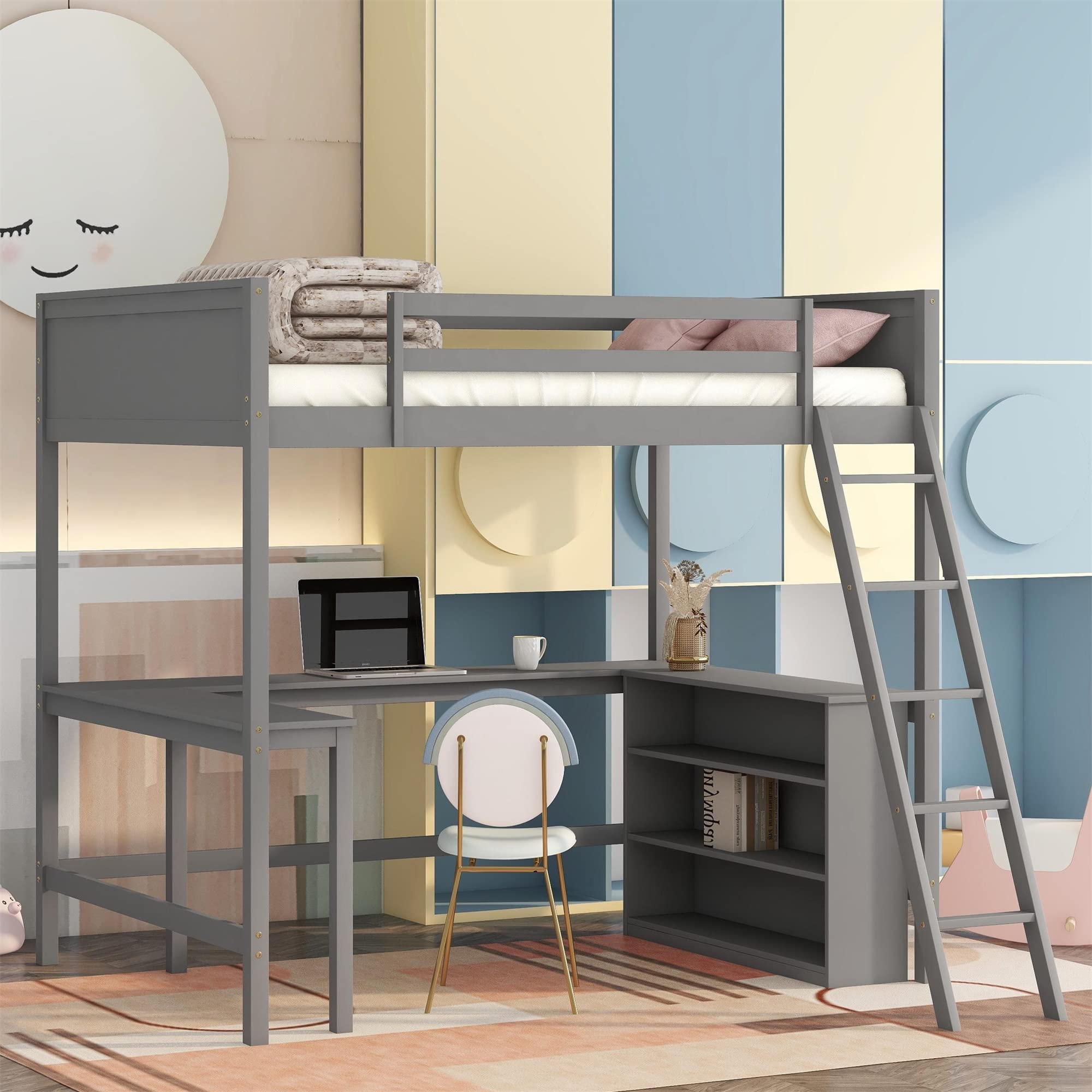 **MERITLINE Full Size Loft Bed with Built-in Desk & Shelves - Sturdy Wooden Loft Bed for Kids, Teens, Boys & Girls - Space-Saving Design, No Box Spring Needed (Full, Grey) - Perfect for Small Bedrooms, Dorms & Studio Apartments**