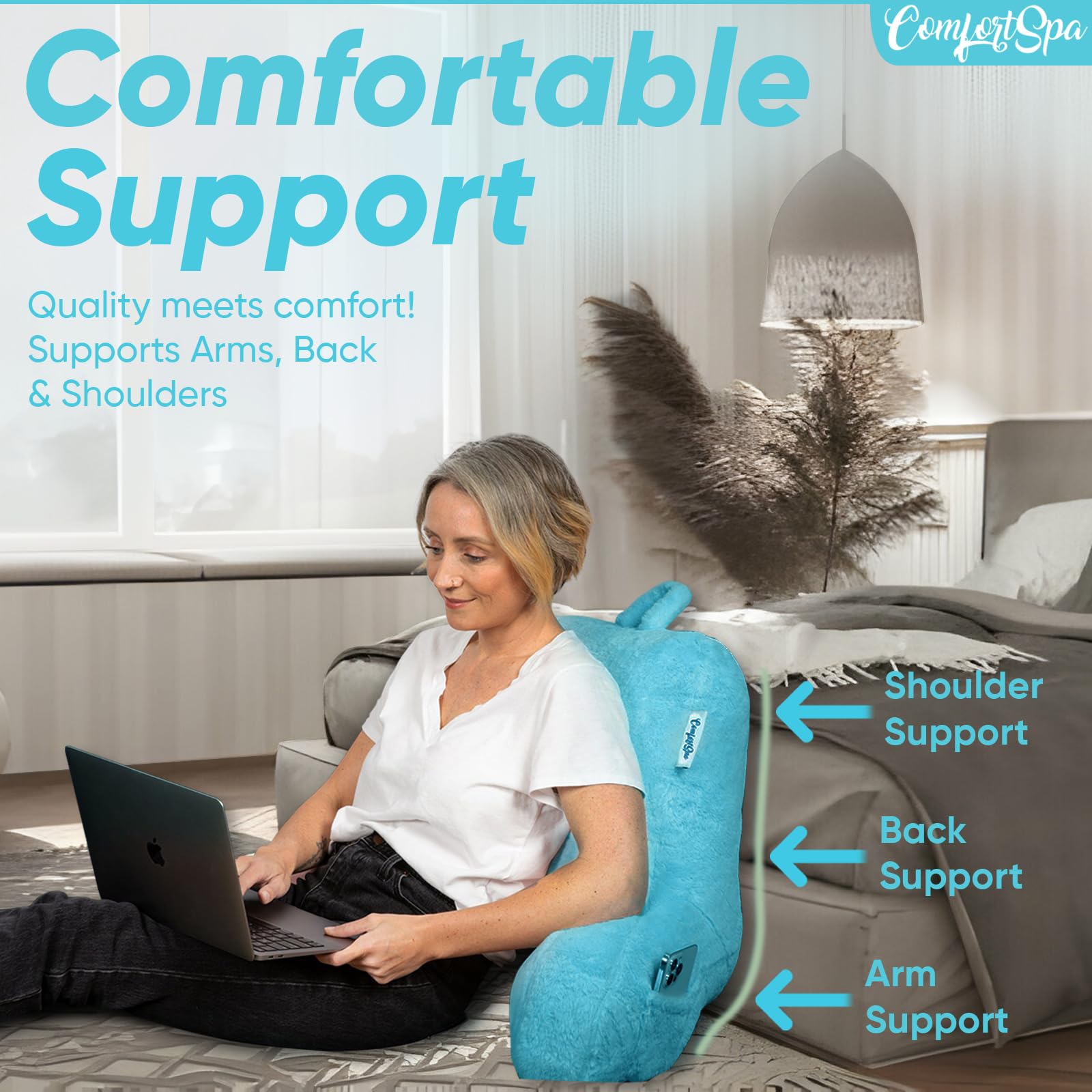 ComfortSpa Extra Large Reading Pillow for Adults - Back Support Pillow with Arms, Pockets & Washable Faux Fur Cover - Perfect for Sitting Up in Bed Watching TV, Gaming, Reading or Studying (XL, Blue)
