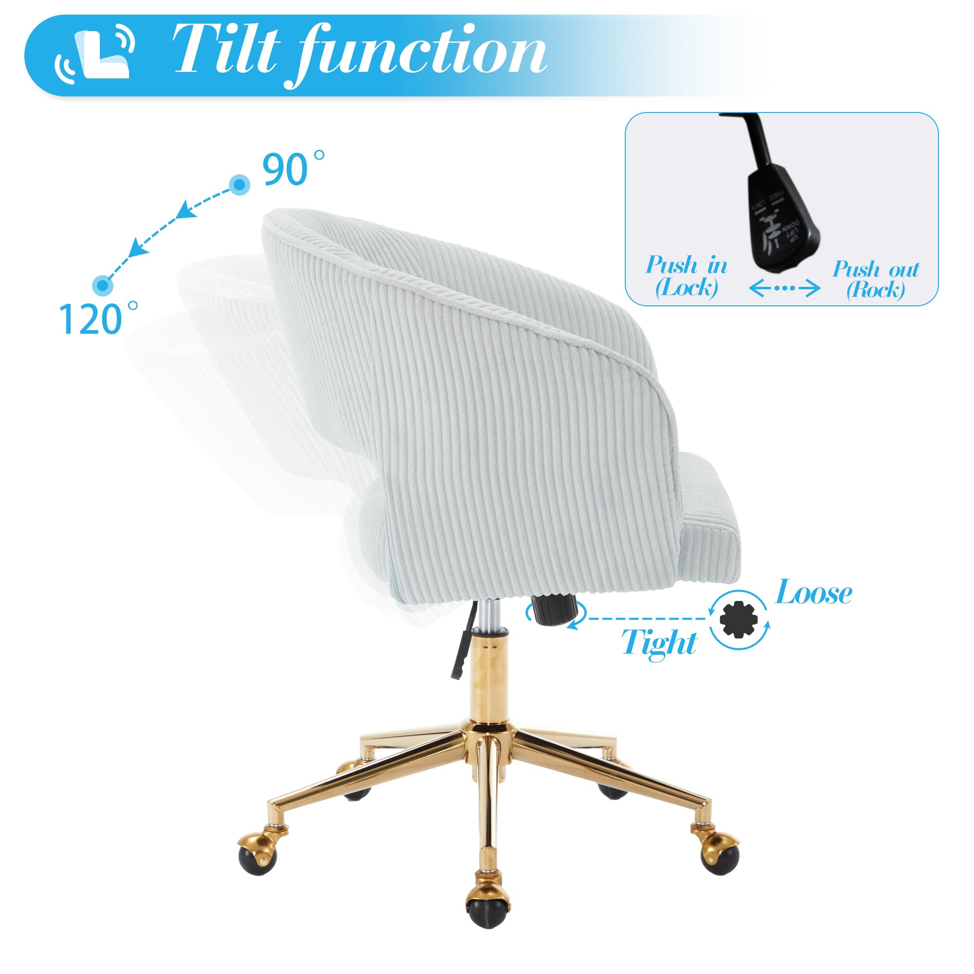 Ergonomic Swivel Office Chair with Corduroy Fabric & Gold Base - Comfortable Tufted Desk Chair for Women, Girls, Home Office, Study & Computer Work - Light Blue Accent Armchair for Living Room & Workspace