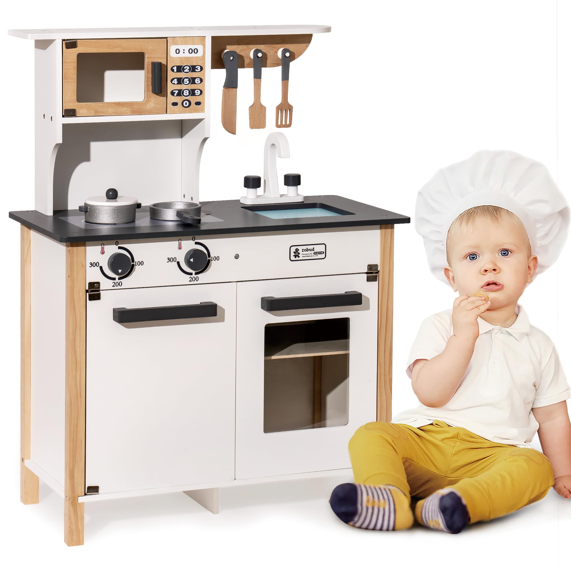 ROBUD Wooden Play Kitchen Set for Kids - Realistic Toy Kitchen with Sink, Stove & Accessories - Pretend Play Gift for Boys & Girls Ages 3+ - Perfect for Imaginative Play, Role-Playing & Early Learning