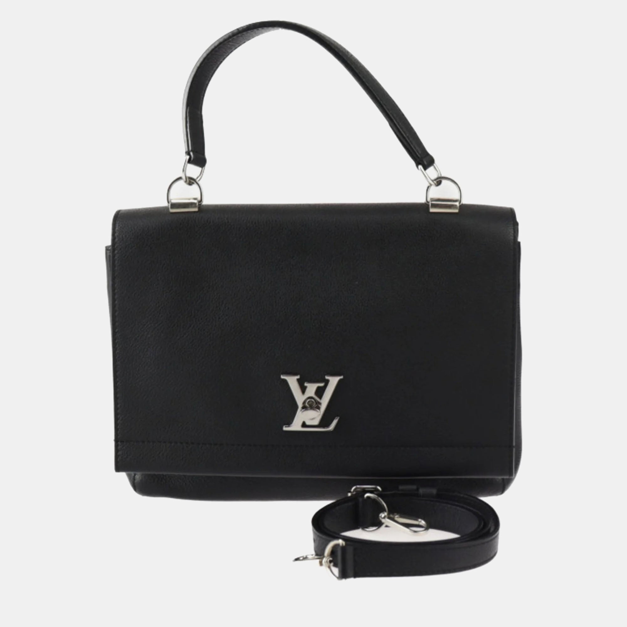 Black Calfskin Leather Lockme II Top Handle Bag for Women - Luxury Designer Handbag for Work, Travel & Evening Events