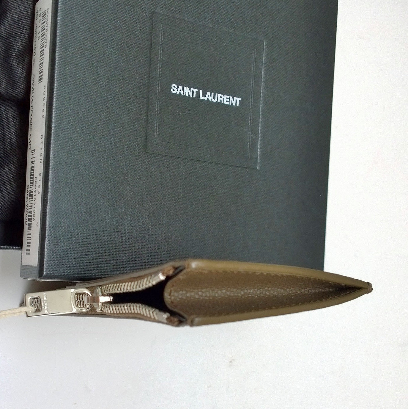 Saint Laurent Khaki Brown Leather Fragments Card Wallet with Dark Wood Case Holder - Perfect for Everyday Use & Luxury Gift Giving