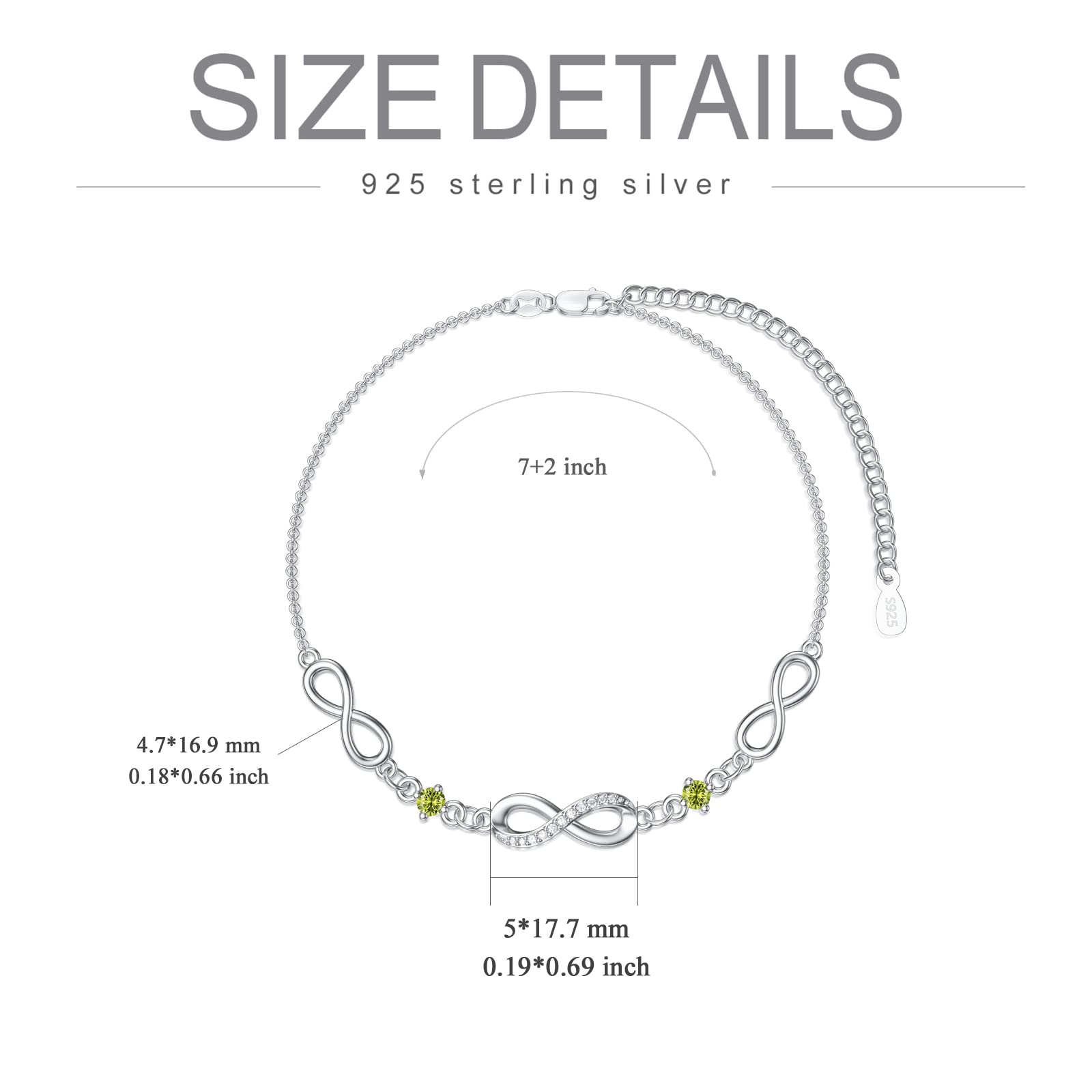 Infinity Bracelet for Women - 925 Sterling Silver Adjustable Birthstone Charm Link Bracelet - Christmas, Birthday, Anniversary Gift for Wife, Mom, Her - Perfect for Everyday Wear, Special Occasions & Gifting