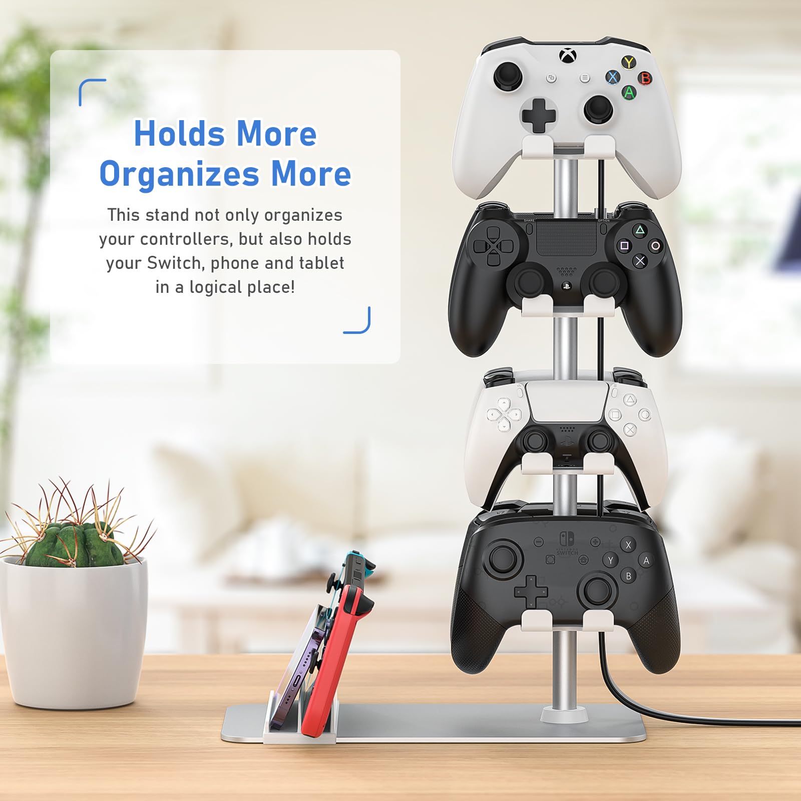 MANMUVIMO Controller Holder for Xbox PS5 PS4 Switch - 8 Gaming Controller Stand Desk Organizer with Headset/iPad/Mobile Phone Storage - Perfect Gaming Room Accessories & Gifts for Gamers (White) - Ideal for Game Room Setup, Desk Organization & Gamer Gifts