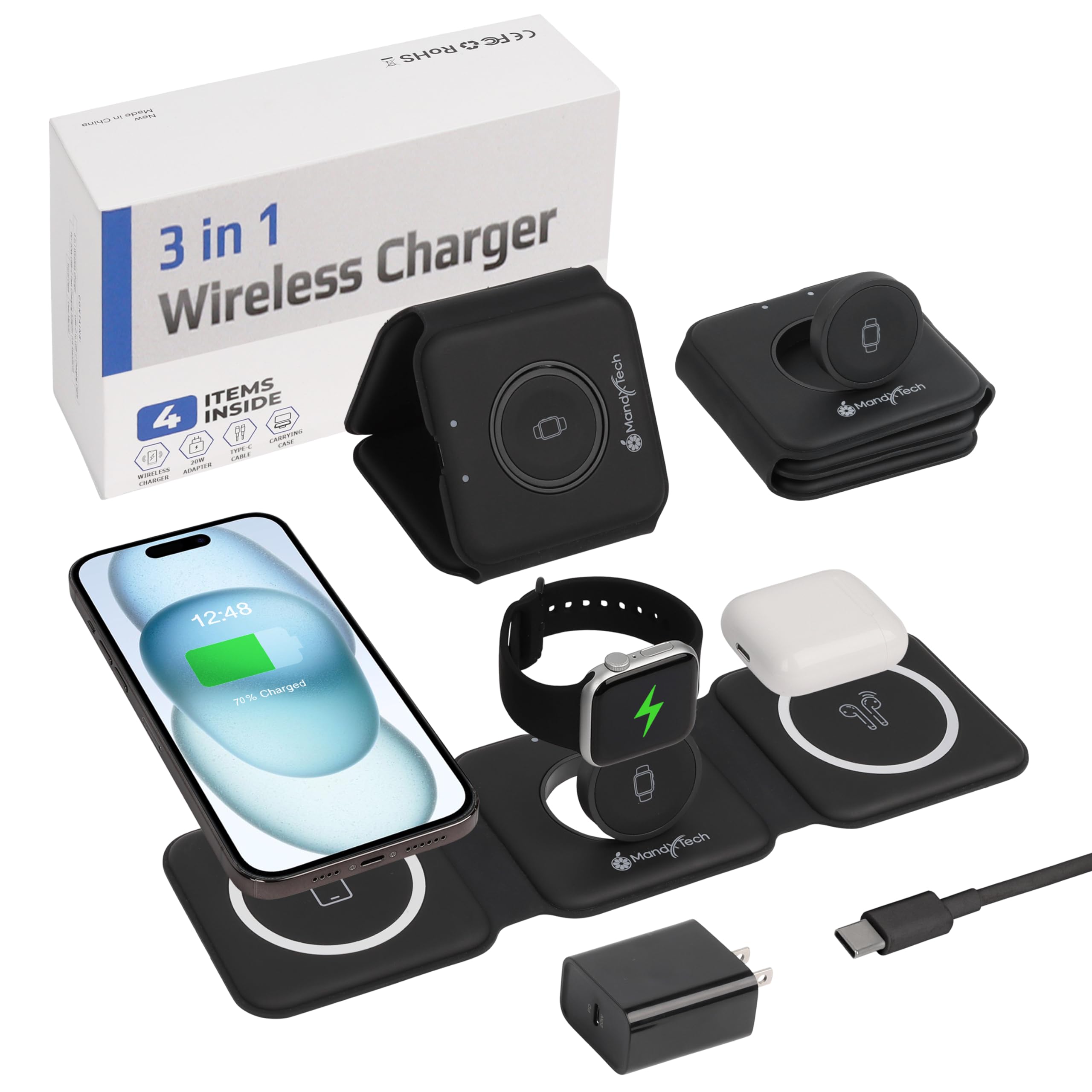 3 in 1 Wireless Charging Station for iPhone 15 14 13 12 Pro/Max, Apple Watch & AirPods - Fast Magnetic Foldable Travel Charger Pad | Perfect for Home, Office & Travel Use