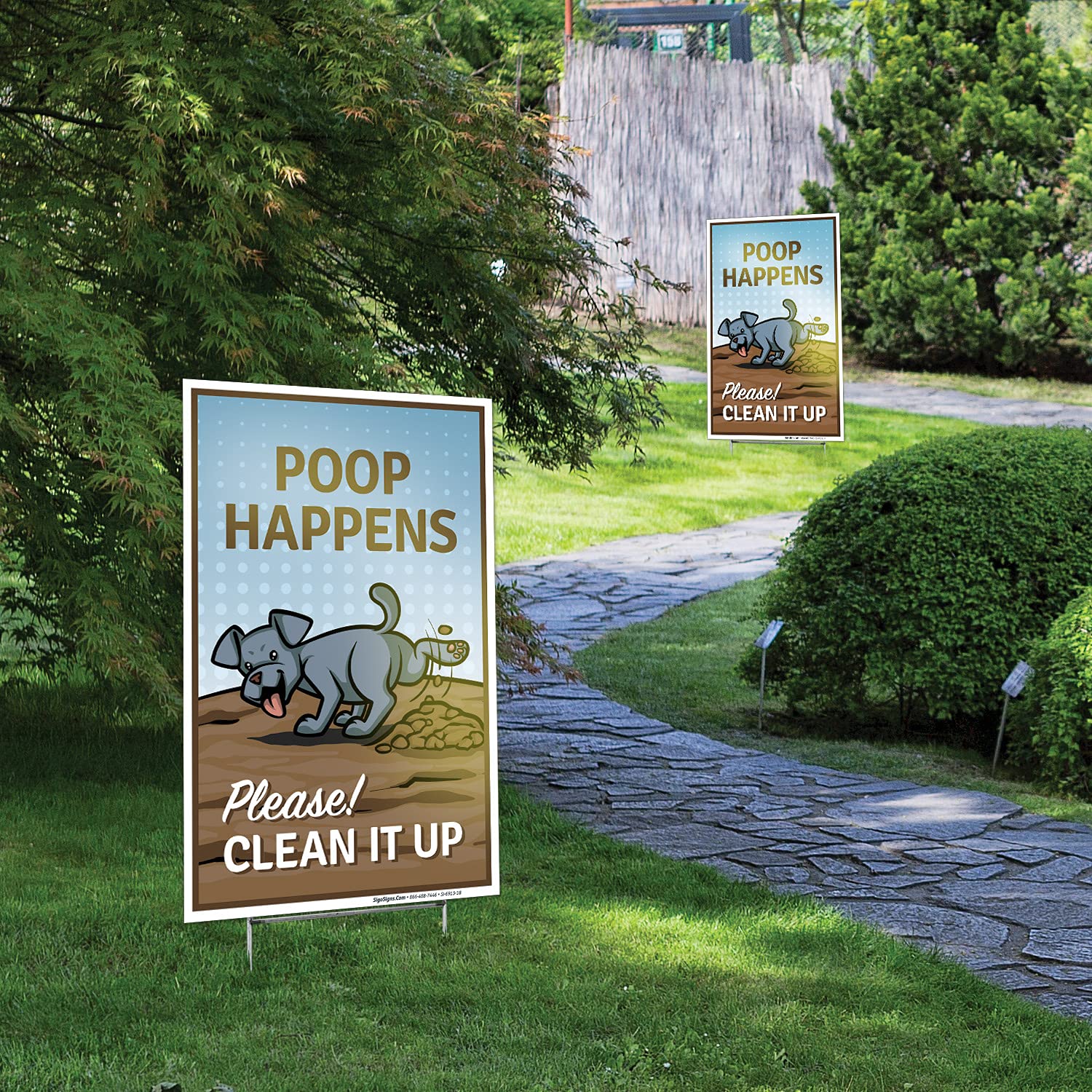 Poop Happens Please Clean It Up Sign - 4 Pack Double Sided 12x18 Inch Corrugated Plastic Yard Signs with Metal H Stakes - Made in USA - Perfect for Dog Parks, Backyards & Pet Waste Stations