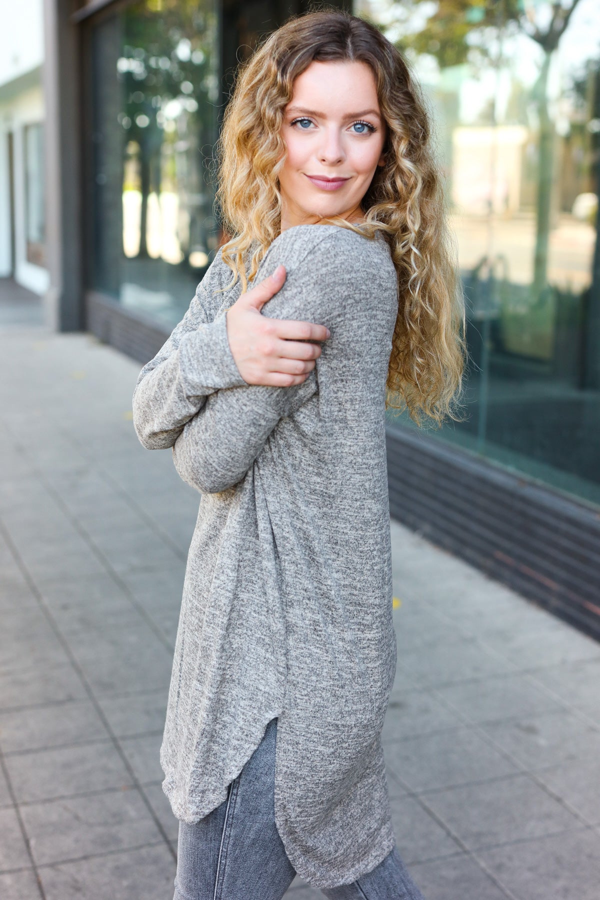Women's Casual Grey Two-Tone Tunic Top with Side Slits - Soft Pullover Sweater for Everyday Wear, Office & Weekend Outfits