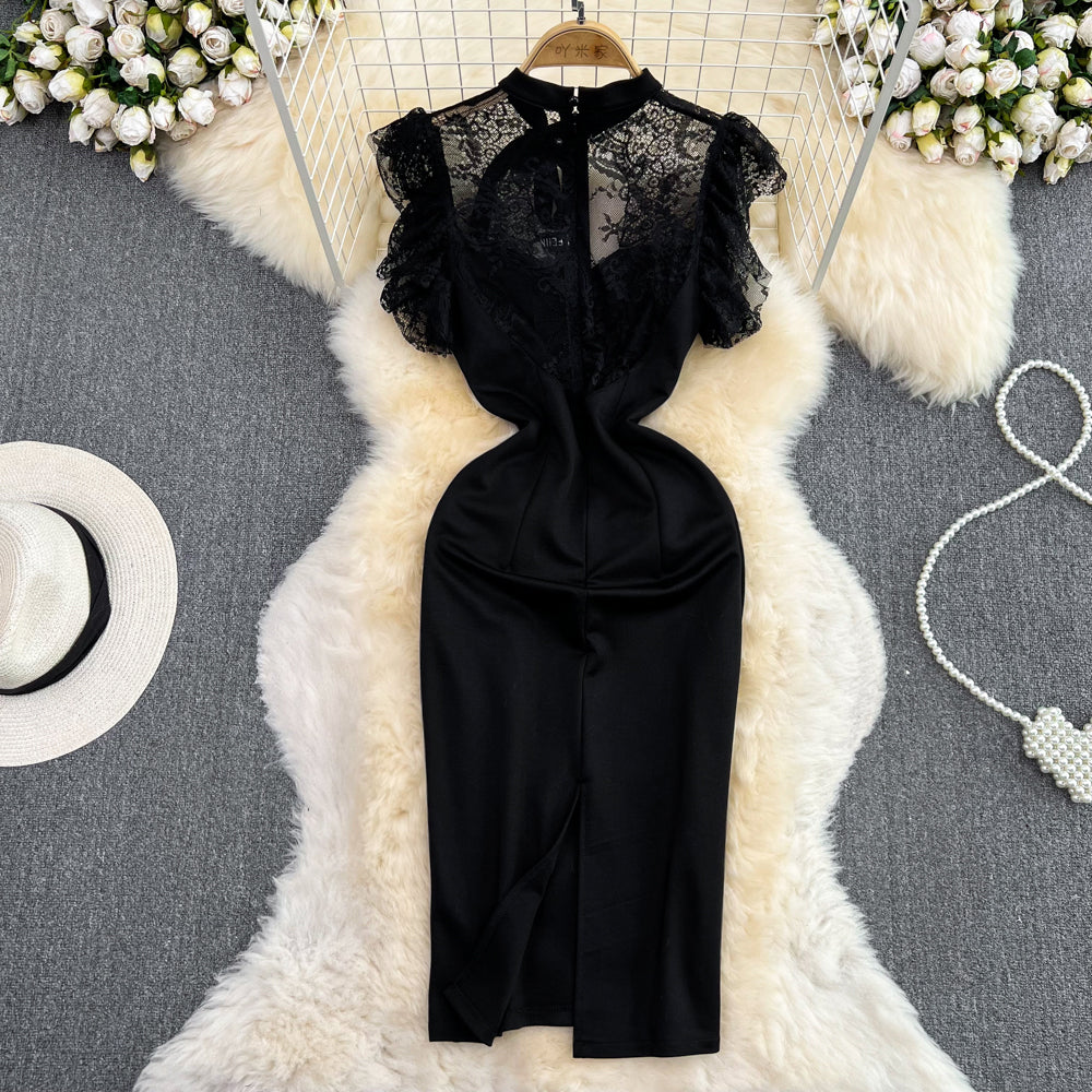 Elegant Mid-Length Lace Sheath Dress with Side Slit - Perfect for Summer Weddings, Cocktail Parties & Date Nights