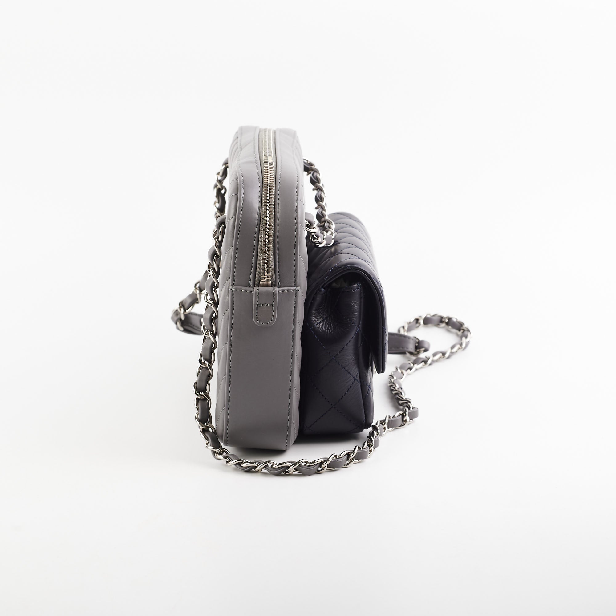 Chanel Quilted Navy & Chevron Grey Lambskin Shoulder Bag - Luxury Designer Handbag for Women | Perfect for Work, Evening Events & Travel Accessories