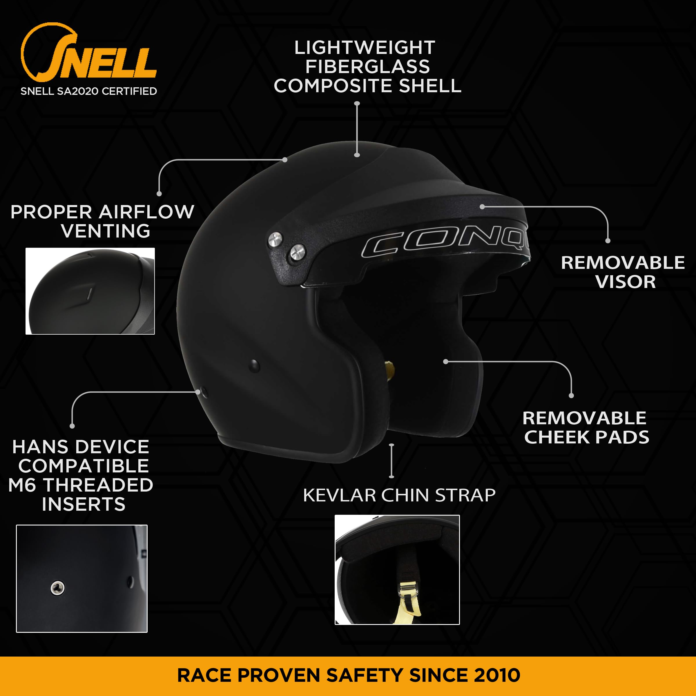 Snell SA2020 Approved Open Face Racing Helmet for Men, Women & Youth - Black/White | Lightweight & Durable for Auto Racing, Karting & Track Days