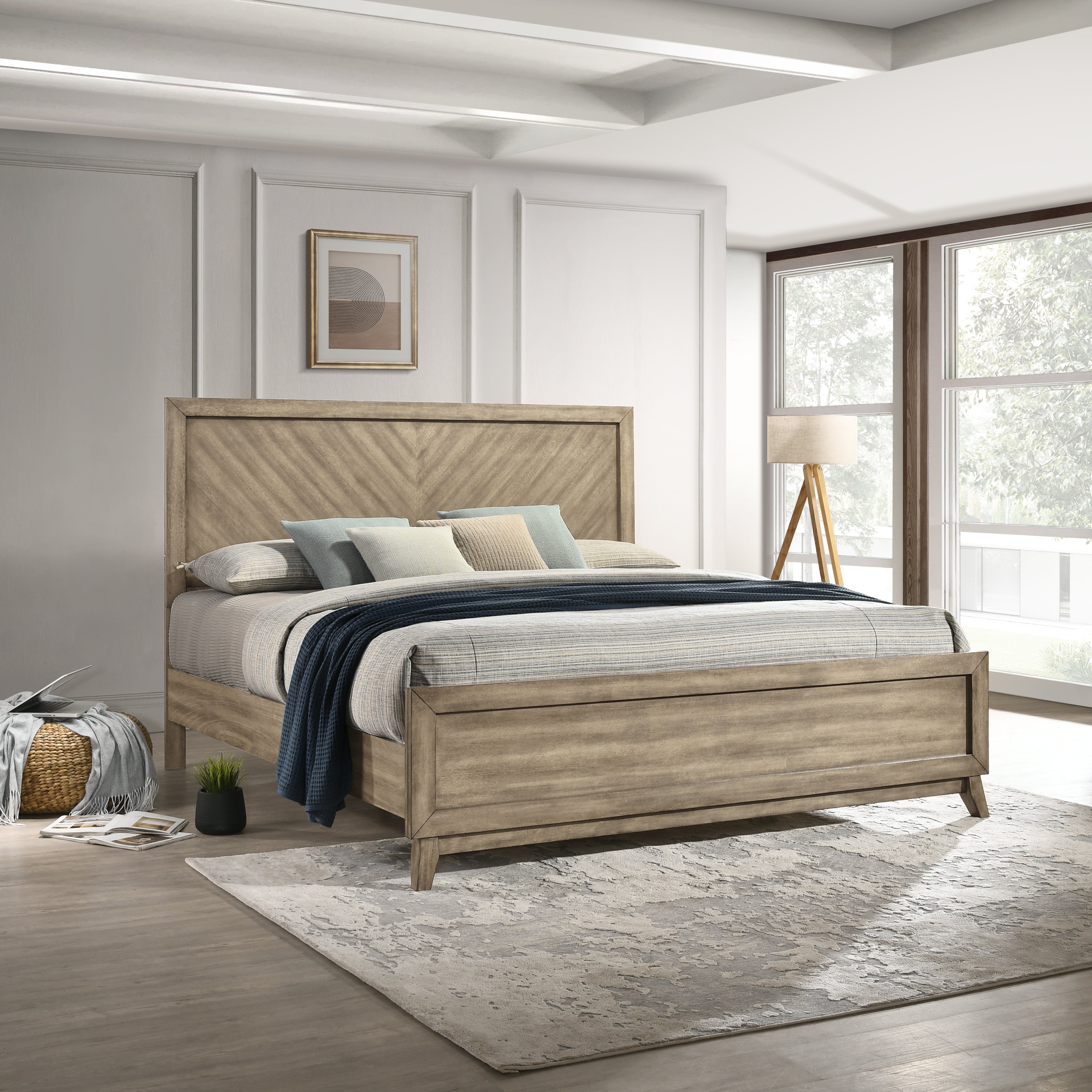 Roundhill Furniture Arena Contemporary Wood Panel Bed in Antique Gray - Modern Platform Bed Frame with Wooden Headboard for Master Bedroom & Guest Room