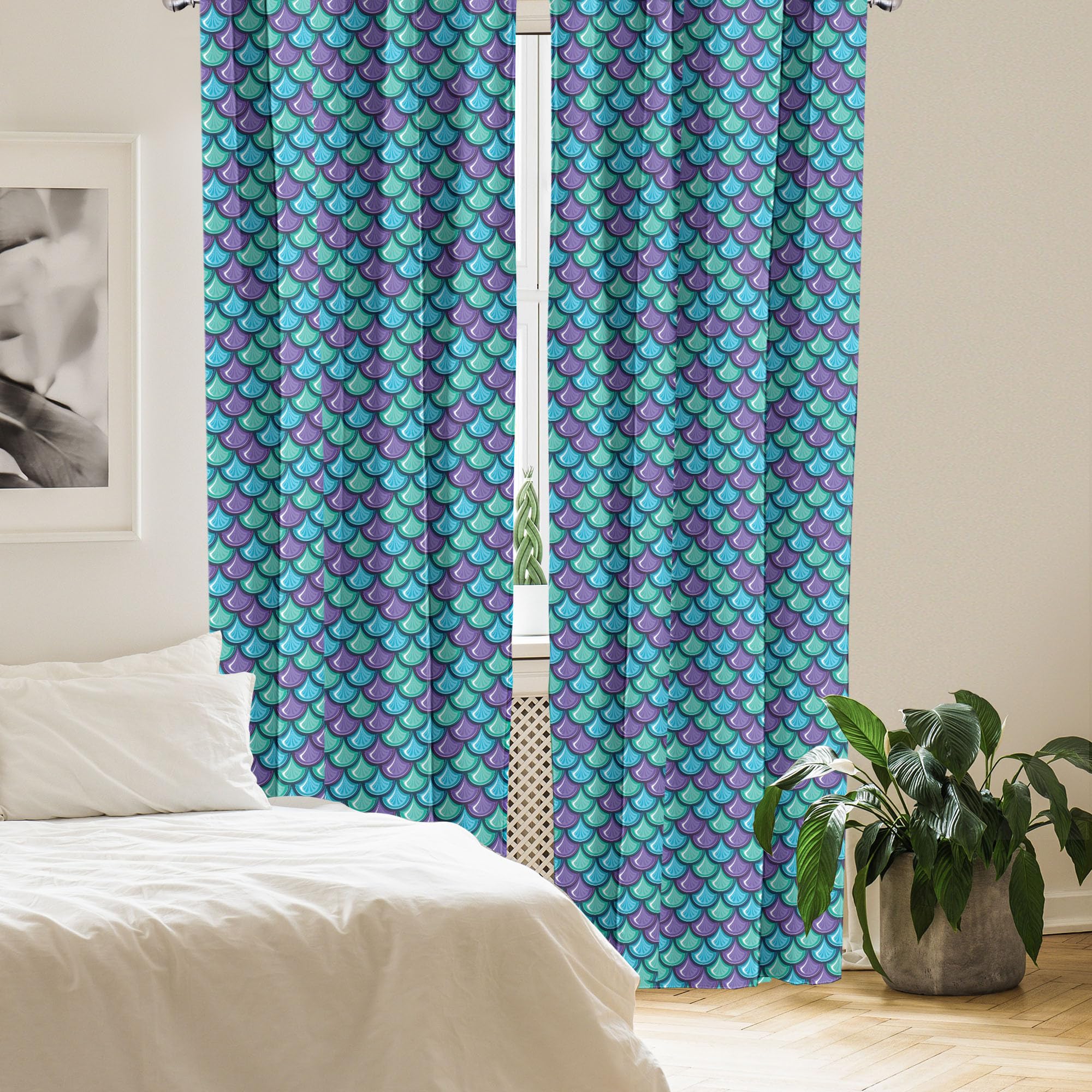 Ambesonne Blue Green Fish Curtains - Marine Animal Dragon Scale Pattern Window Treatments, 2 Panel Set (28