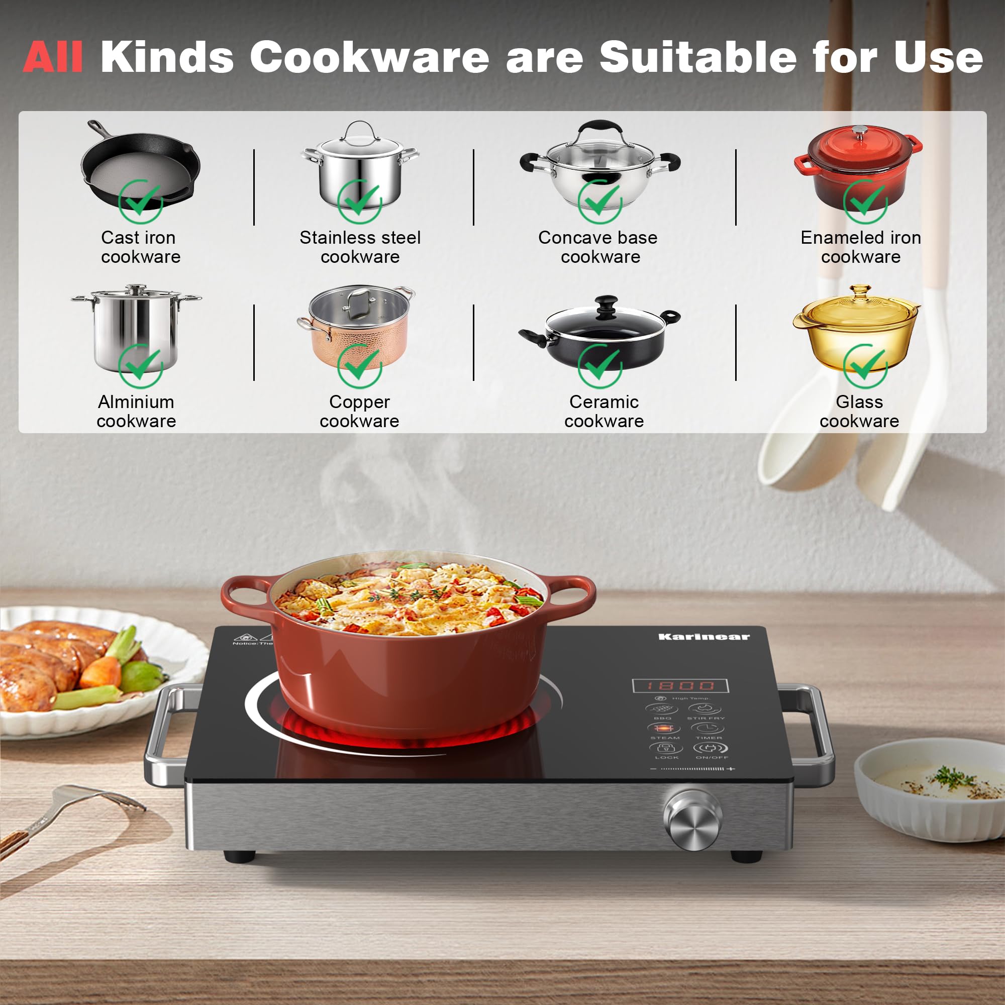 Karinear 1800W Portable Electric Stove - Single Burner Ceramic Infrared Cooktop with Timer & Safety Lock, 110V Countertop Hot Plate for Kitchen, Dorm, RV & Camping | Perfect for Boiling, Frying & Cooking