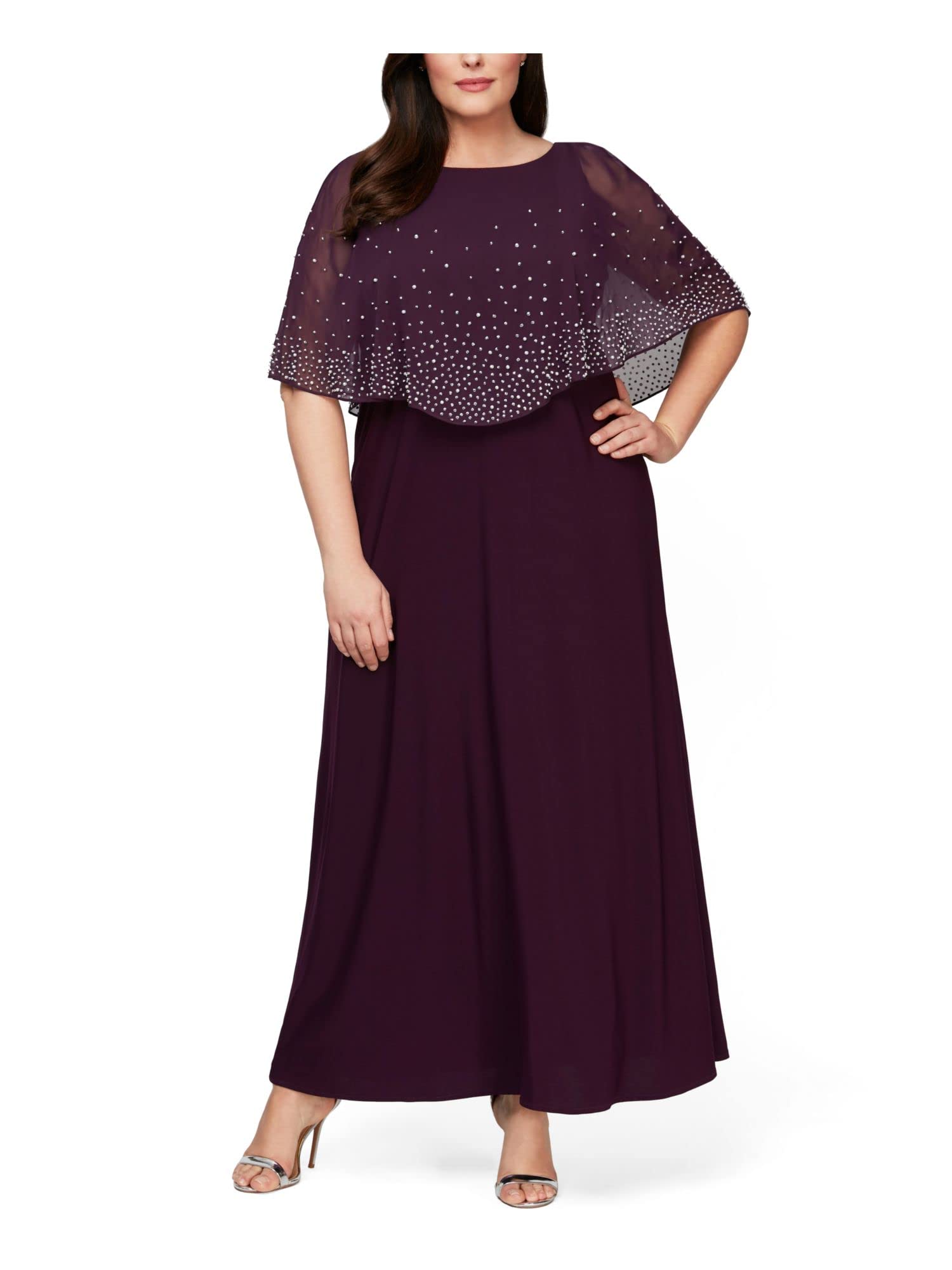 Alex Evenings Women's Plus Size Long Embellished Popover Dress for Evening Gala, Wedding Guest & Special Occasions | Elegant Formal Wear with Beaded Details