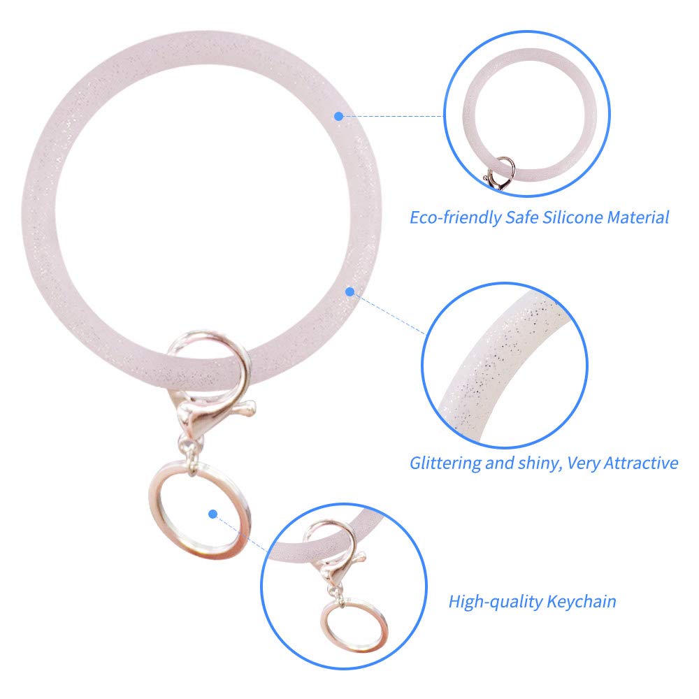 5 Pack Silicone Wrist Keychain Bracelets - Shiny Bangle Keyring with Large Circle Key Holder for Women & Girls | Perfect for Gym, Running, Hiking & Everyday Carry