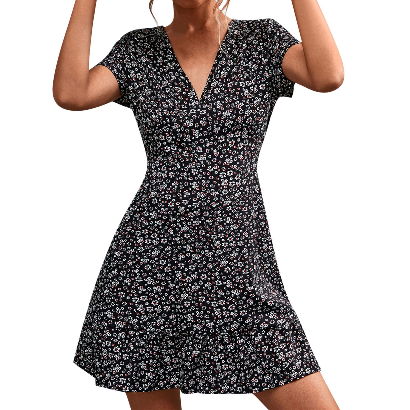 Women's Summer V-Neck Bohemian Floral Print Mini Dress - Short Sleeve Ruffle Beach Dress for Casual Wear, Vacations & Outdoor Parties | Lightweight & Comfortable