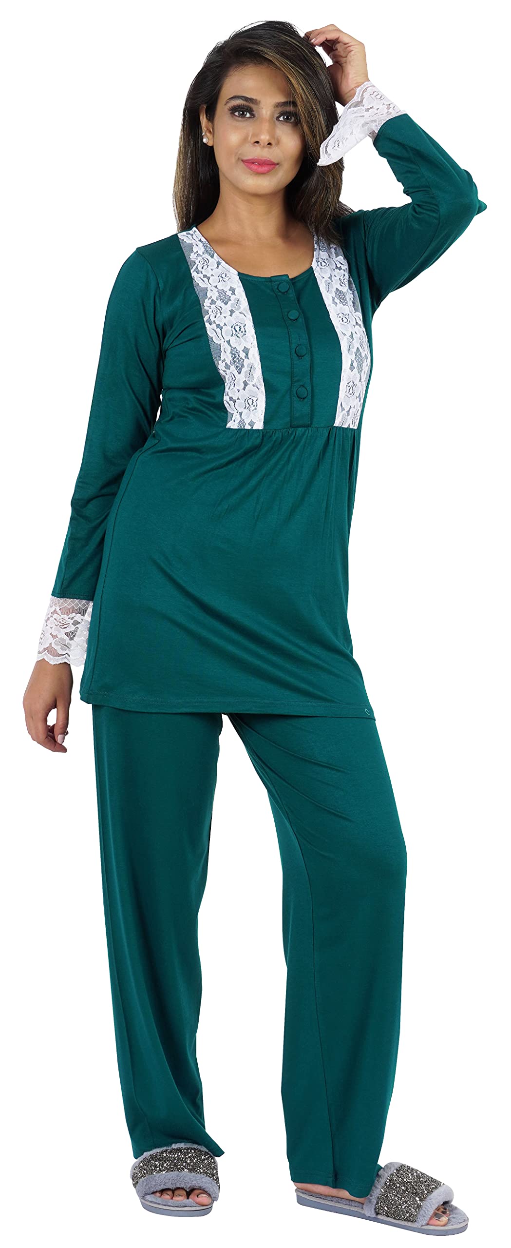 Bimba Women's 2-Piece Solid Nightwear Set - Lace Top & Pajama Pants for Comfortable Sleepwear & Lounge Wear at Home