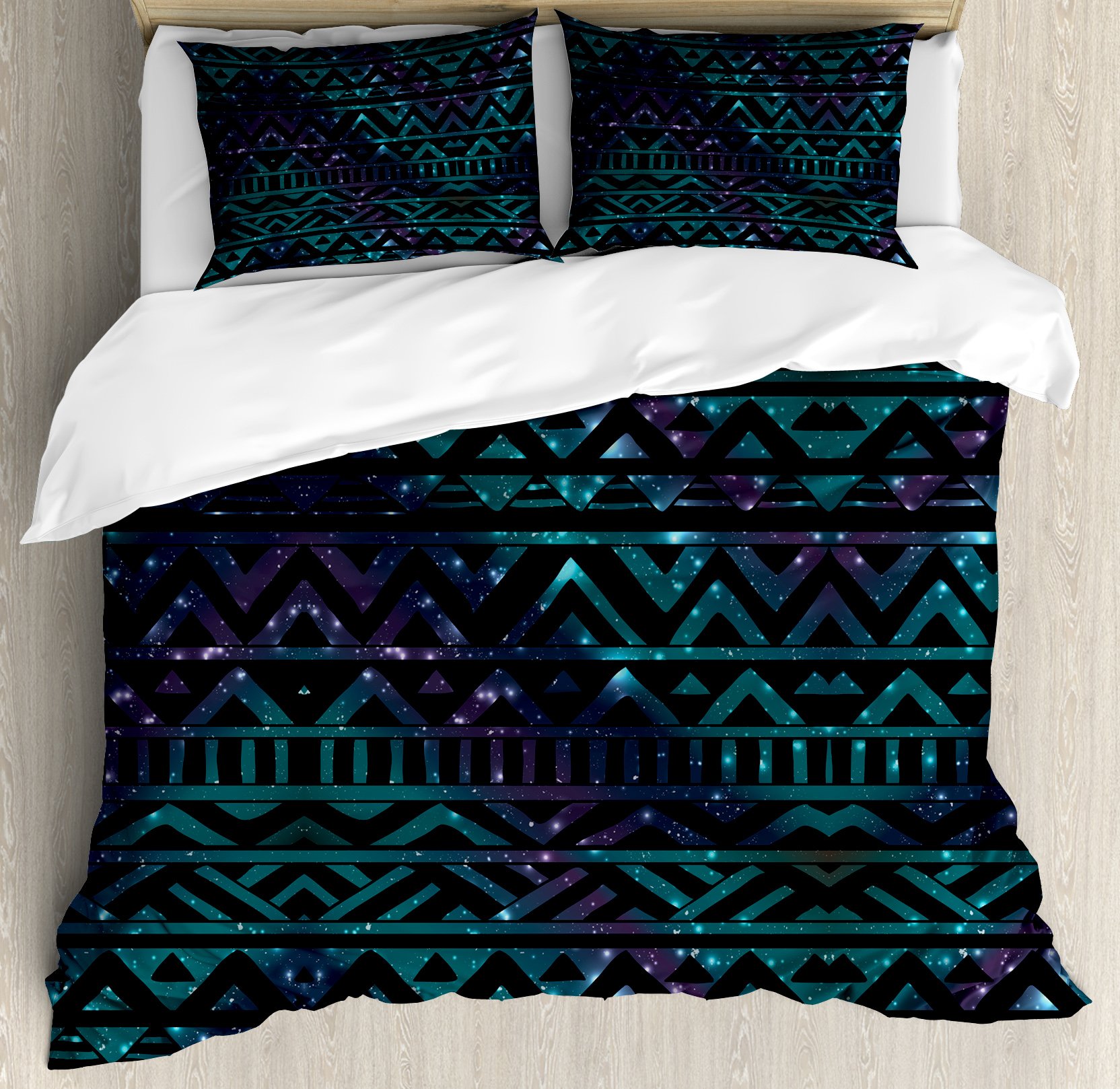 Ambesonne Vintage Grunge Duvet Cover Set - Hand Drawn Space & Cosmos Design with Aztec Arrow Triangle Pattern, 3-Piece King Size Bedding (Duvet Cover + 2 Pillow Shams) in Purple Teal - Perfect for Bohemian & Retro Bedroom Decor