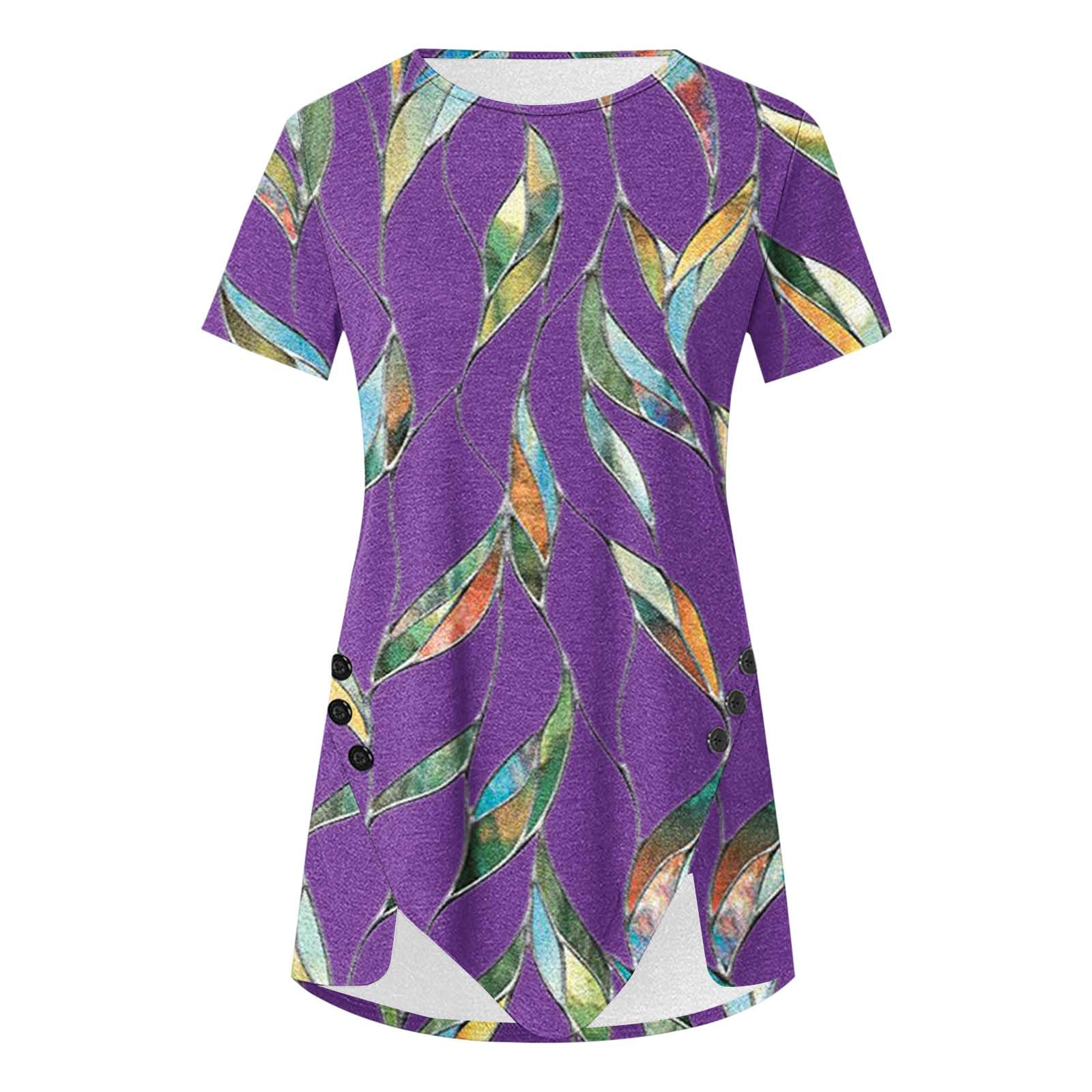Women's Summer Floral Tunic Top - Loose Fit Casual Boho Blouse with Slit Hem & Crew Neck Short Sleeve | Perfect for Beach Outings, Vacation Wear & Boho Chic Style