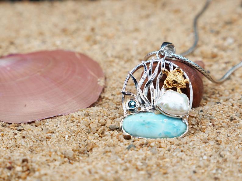 Unique Baby Sea Turtle Beach Pendant Necklace with Genuine Larimar, Blue Topaz & Pearl - Handcrafted One-of-a-Kind Jewelry for Ocean Lovers, Perfect for Beach Vacations, Summer Outfits and Gift Giving