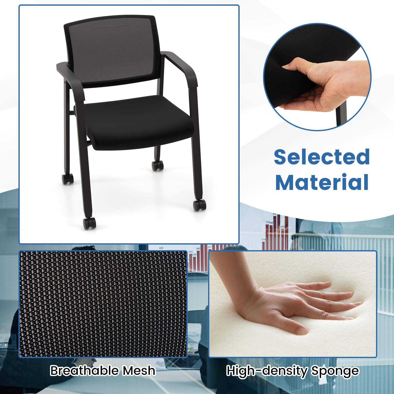Tangkula 2-Pack Rolling Conference Room Chairs - Stackable Office Guest Chairs with Breathable Mesh Back, Adjustable Armrests & Smooth PU Wheels - Perfect for Business Meetings, School Classrooms, Hotel Lobbies & Waiting Areas - Black