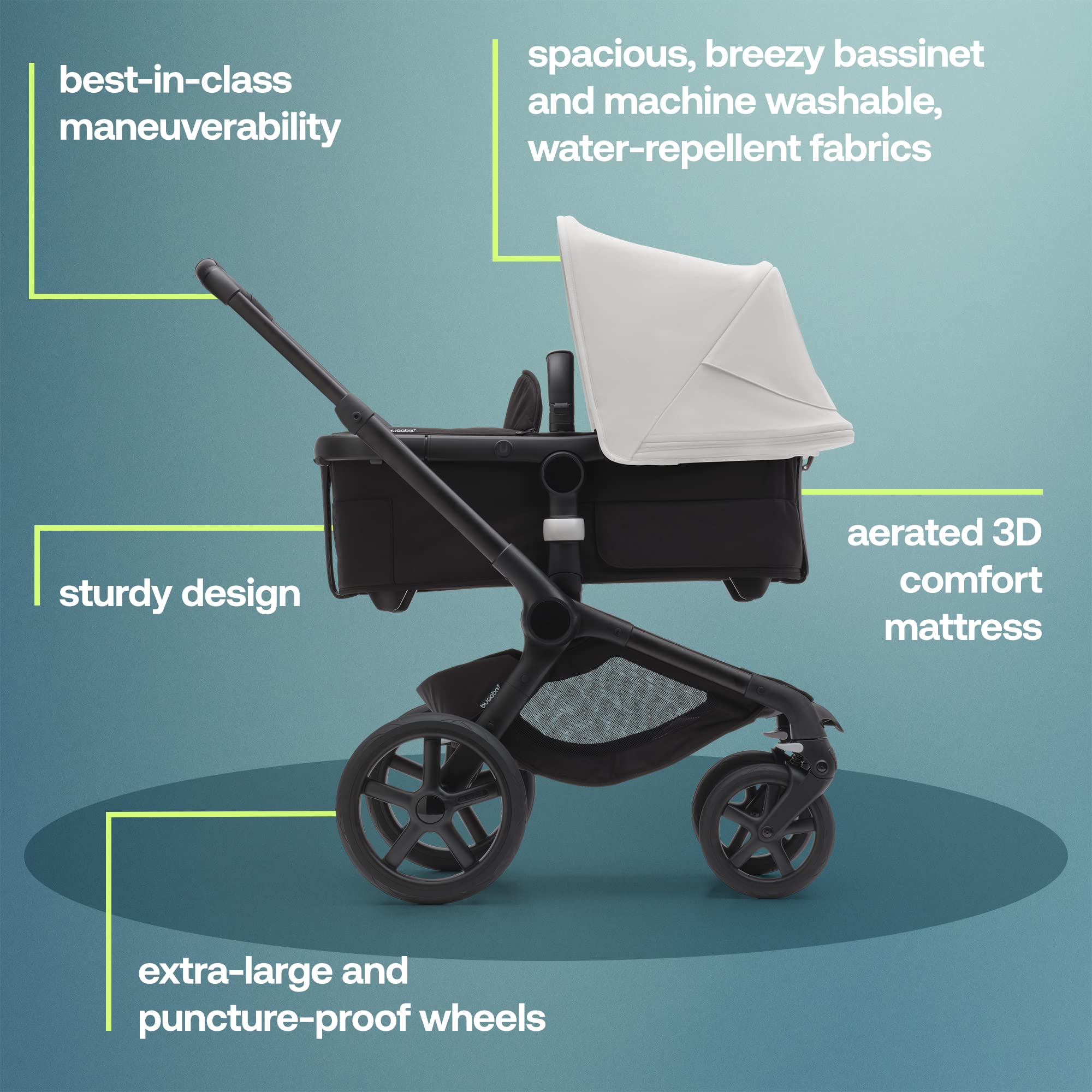 Bugaboo Fox 5 All-Terrain Stroller | 2-in-1 Baby Stroller with Full Suspension & Easy Fold | Spacious Bassinet & Extendable Toddler Seat | One-Handed Maneuverability | Midnight Black-Misty White | Perfect for City Walks, Park Outings & Travel Adventures