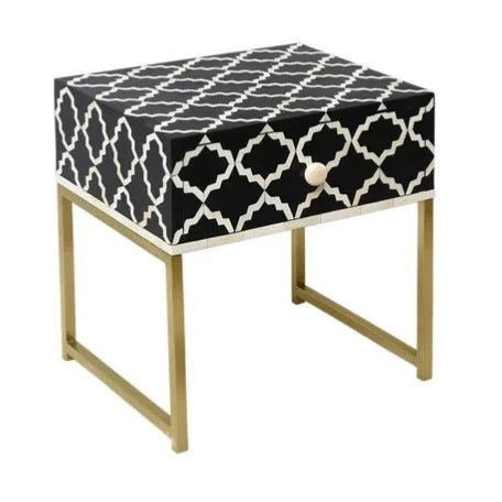Handmade Bone Inlay Nightstand with Drawer - Vintage Bedside Table for Bedroom Decor, Perfect for Storing Books, Lamps & Essentials
