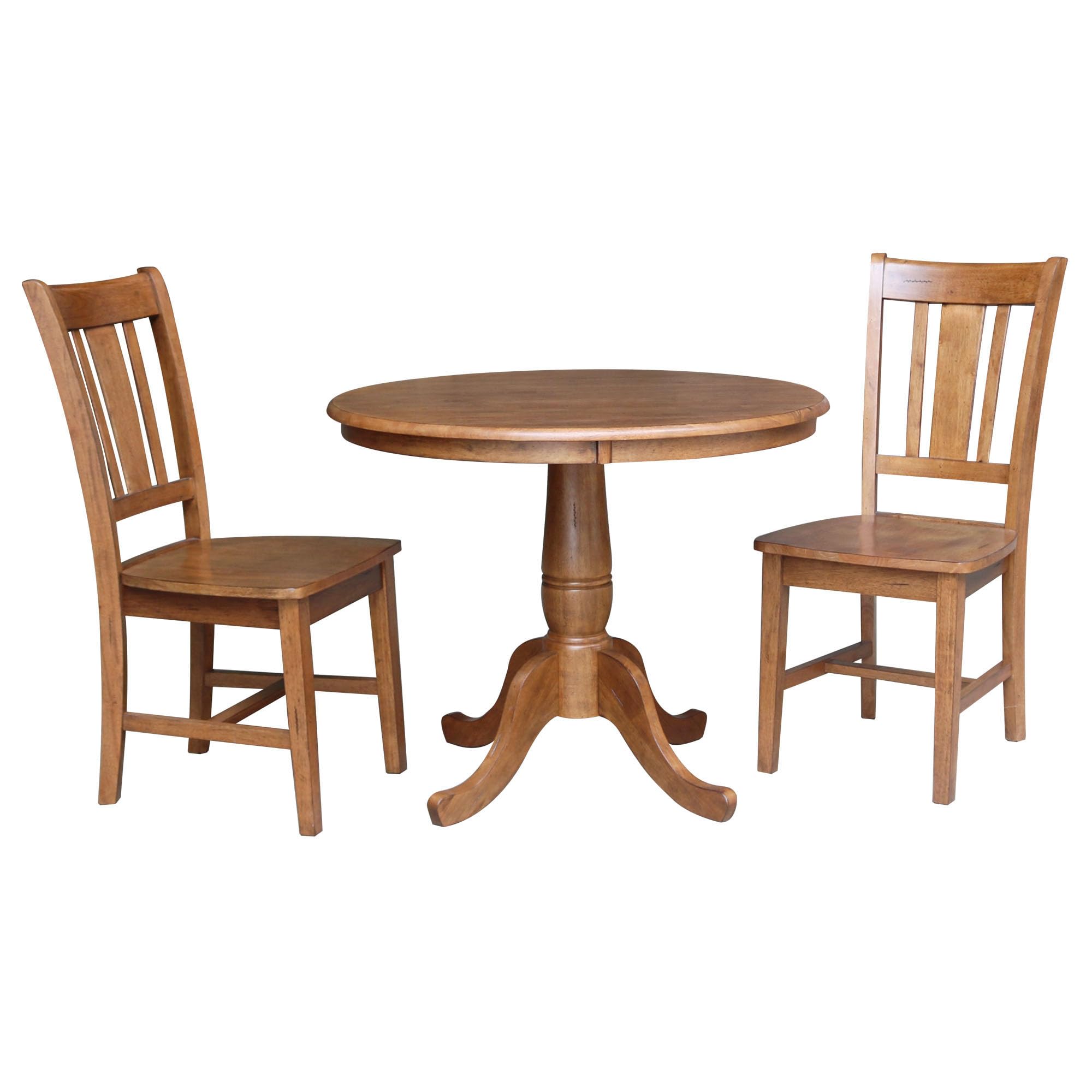 IC International Concepts 36-inch Round Pedestal Dining Table with 2 San Remo Chairs - Distressed Oak Finish - Perfect for Small Spaces, Breakfast Nooks & Cozy Kitchens