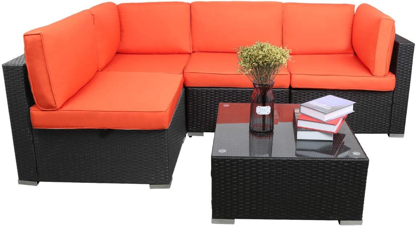 5-Piece Outdoor Patio PE Wicker Sectional Sofa Set with Washable Cushions & Coffee Table - Water-Resistant Rattan Furniture for Poolside, Garden, Porch & Backyard - Perfect for Relaxing & Entertaining by LAZYLAND (Orange)