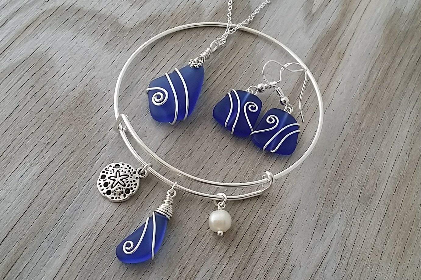 Handmade Wire Wrapped Cobalt Blue Sea Glass Necklace, Earrings & Bracelet Jewelry Set with Sand Dollar Charm - Hawaii Inspired Beach Jewelry Gift Set (Perfect for Beach Weddings, Vacation Accessories & Hawaiian Souvenirs)