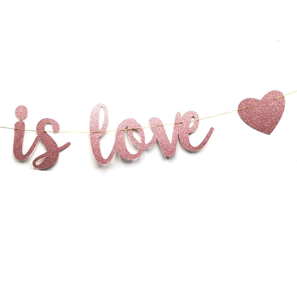 Love is Love Rose Gold Glitter Banner - LGBT Pride Party Decor for Coming Out, Wedding, Engagement & Celebrations - Perfect for Pride Month, Gender Reveals & LGBTQ+ Events (Rose Gold)