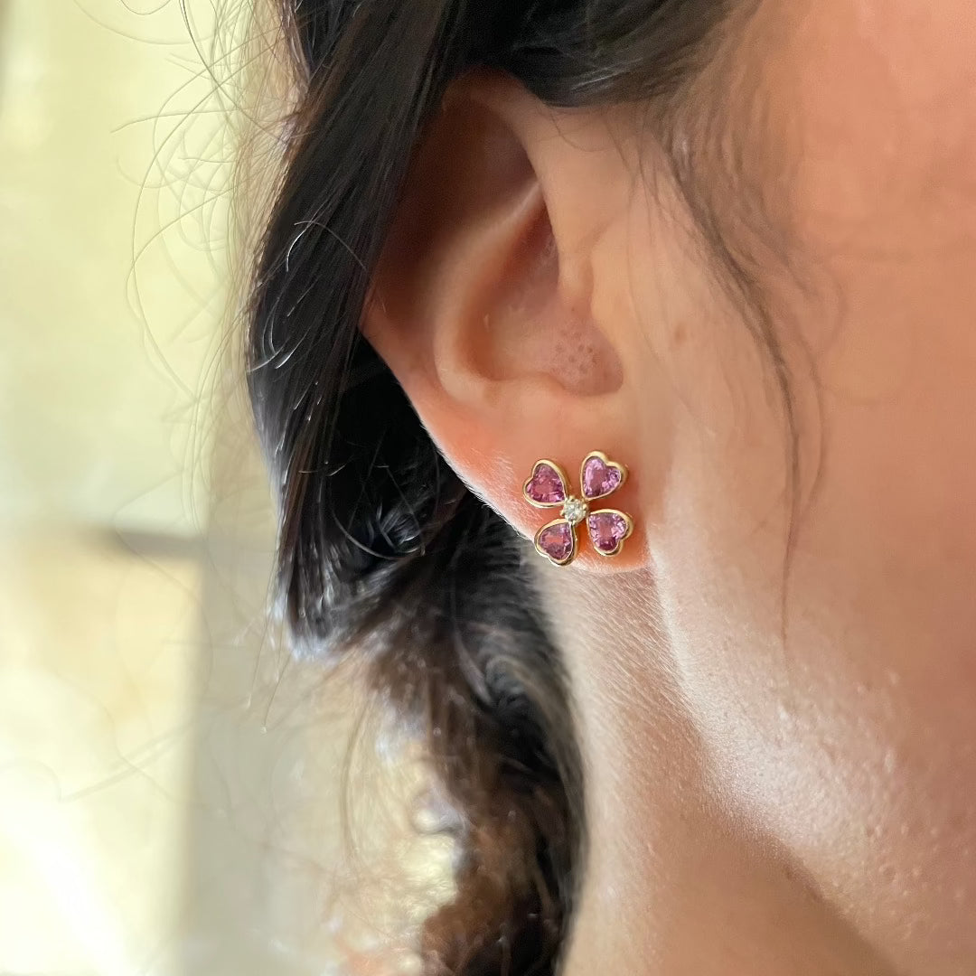 14K Gold Pink Sapphire & Diamond Clover Stud Earrings for Women - Elegant Four Leaf Clover Jewelry Gift for Birthday, Anniversary & Special Occasions