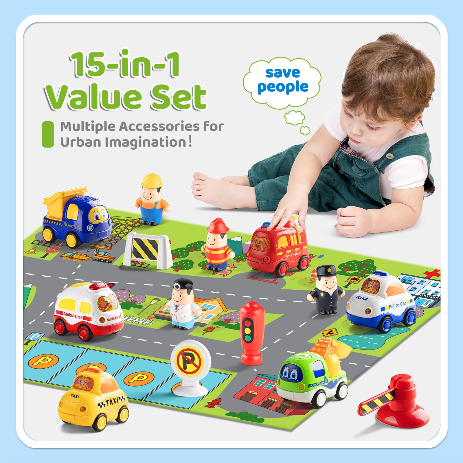 ALASOU 15-Piece Car and People Figure Toy Set with Playmat & Storage Bag - Montessori Learning Toys for Toddlers Ages 1-3 - Perfect Birthday Gift for 1-2 Year Old Boys | Great for Easter Basket Stuffers, Pretend Play, and Early Childhood Development