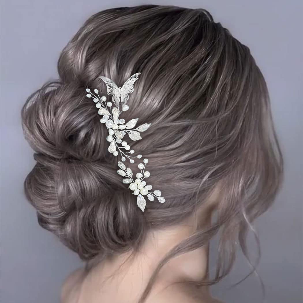 Silver Pearl Bridal Hair Pins with Butterflies & Crystals for Weddings & Parties (Pack of 2)