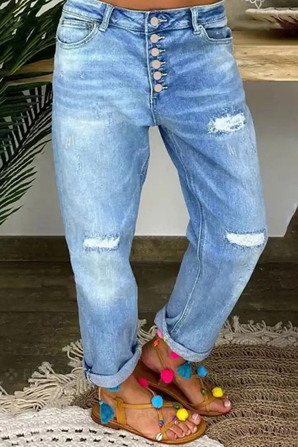 Trendy Ripped Low-Rise Button Pocket Baggy Straight Leg Jeans for Women - Casual Streetwear, Vintage Denim Pants for Everyday Wear & Outfit Styling