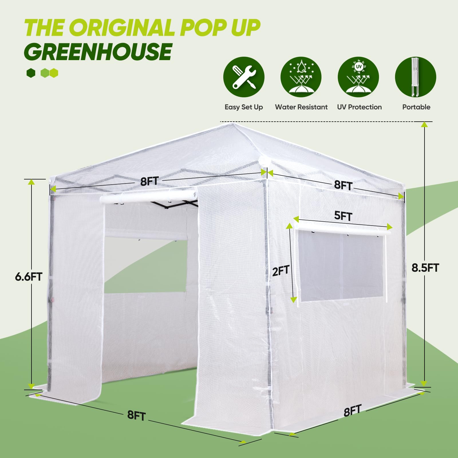 EAGLE PEAK 8x8 Portable Walk-in Greenhouse - Pop Up Indoor Outdoor Garden Plant Greenhouse with Zippered Doors & Windows, PE Cover - Perfect for Gardening, Seed Starting & Plant Protection (White)