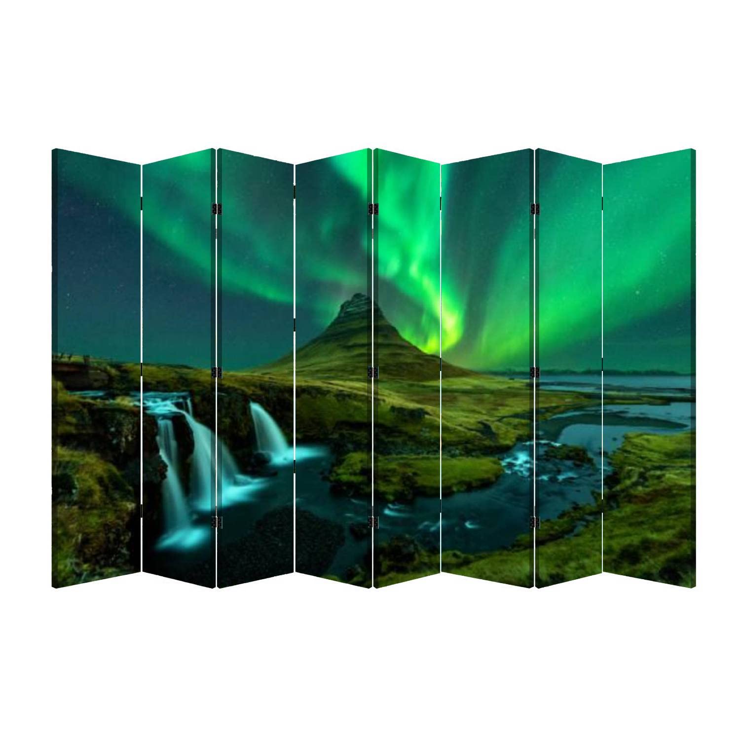 Northern Lights Room Divider - 8-Panel Folding Privacy Screen with Kirkjufell Mountain & Waterfall Design for Living Room & Bedroom Separation | Perfect for Home Office, Studio, and Dorm Room Privacy
