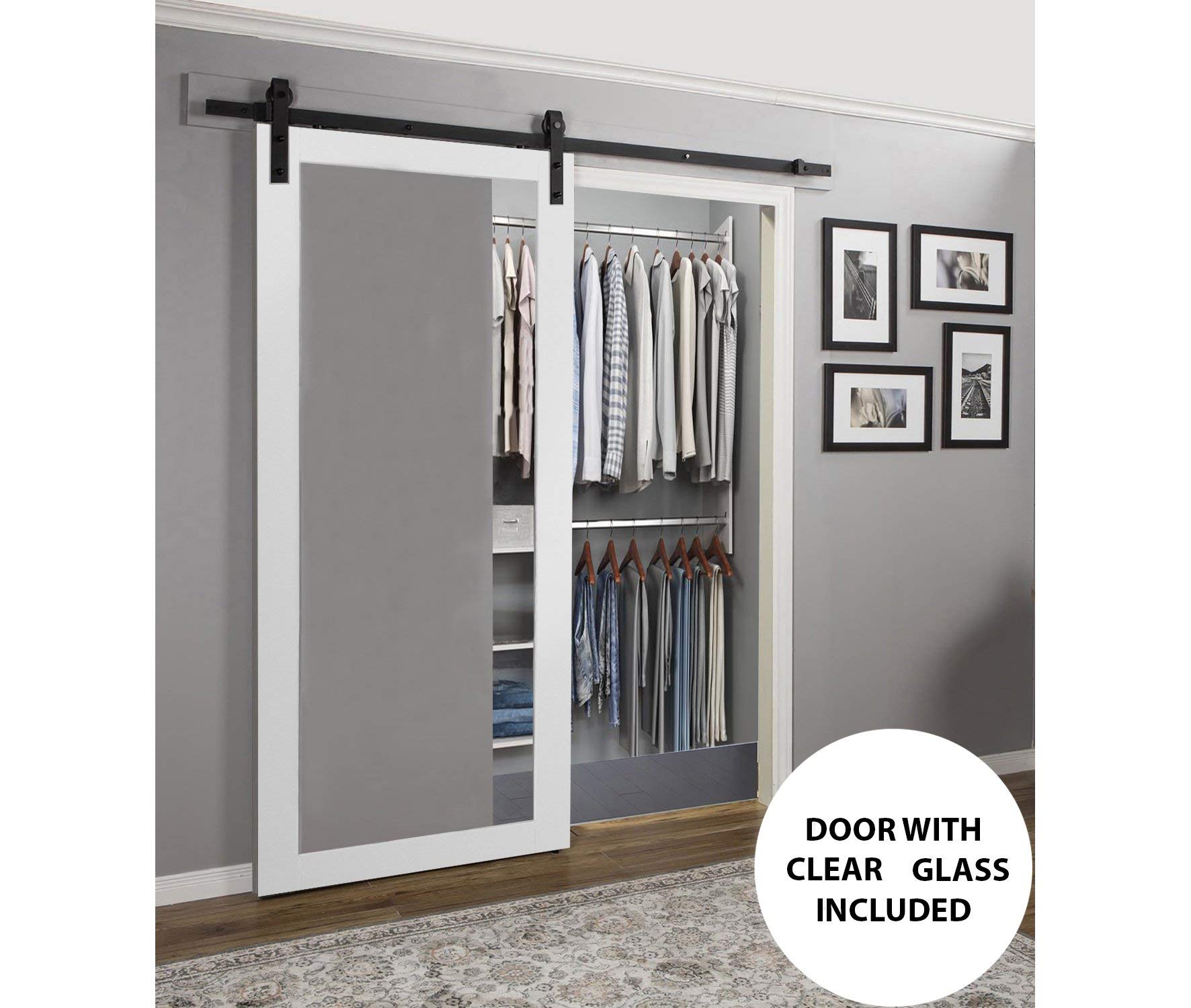 Lucia 2166 White Silk 30x84 Inch Clear Glass Barn Door with 6.6FT Top Mount Rail & Heavy Duty Hardware Set - Perfect for Bedroom, Closet, and Interior Room Partitions